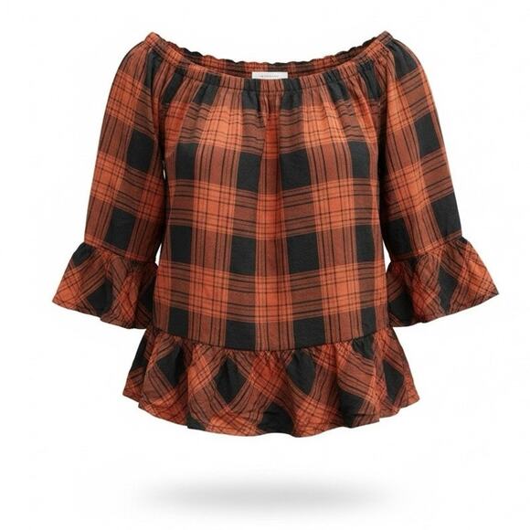 BeachLunchLounge Tops - Beachlunchlounge Plaid Bell Sleeve Ruffle Top S/P Small Petite Boho Fall Rust